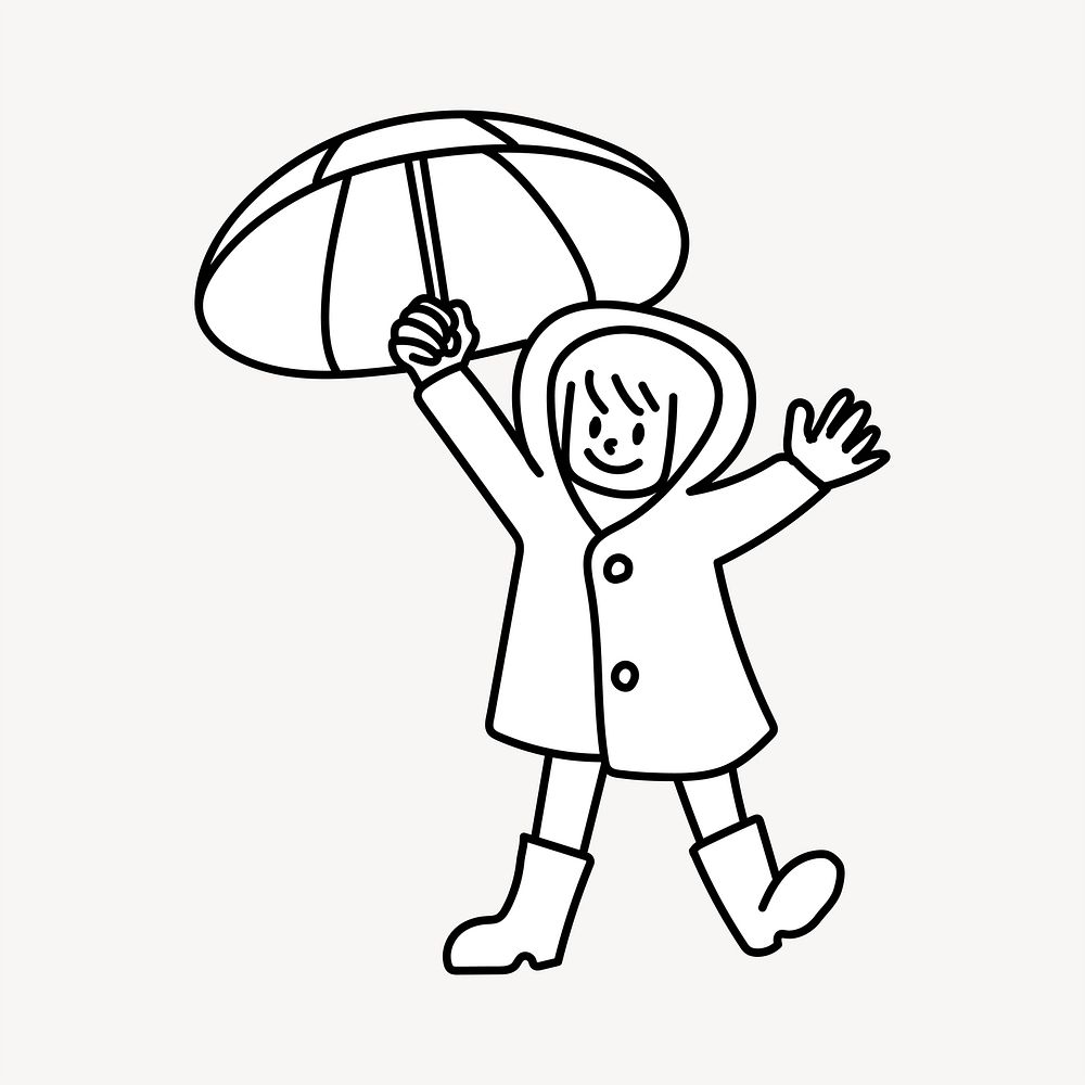 Raincoat girl with umbrella doodle collage element vector