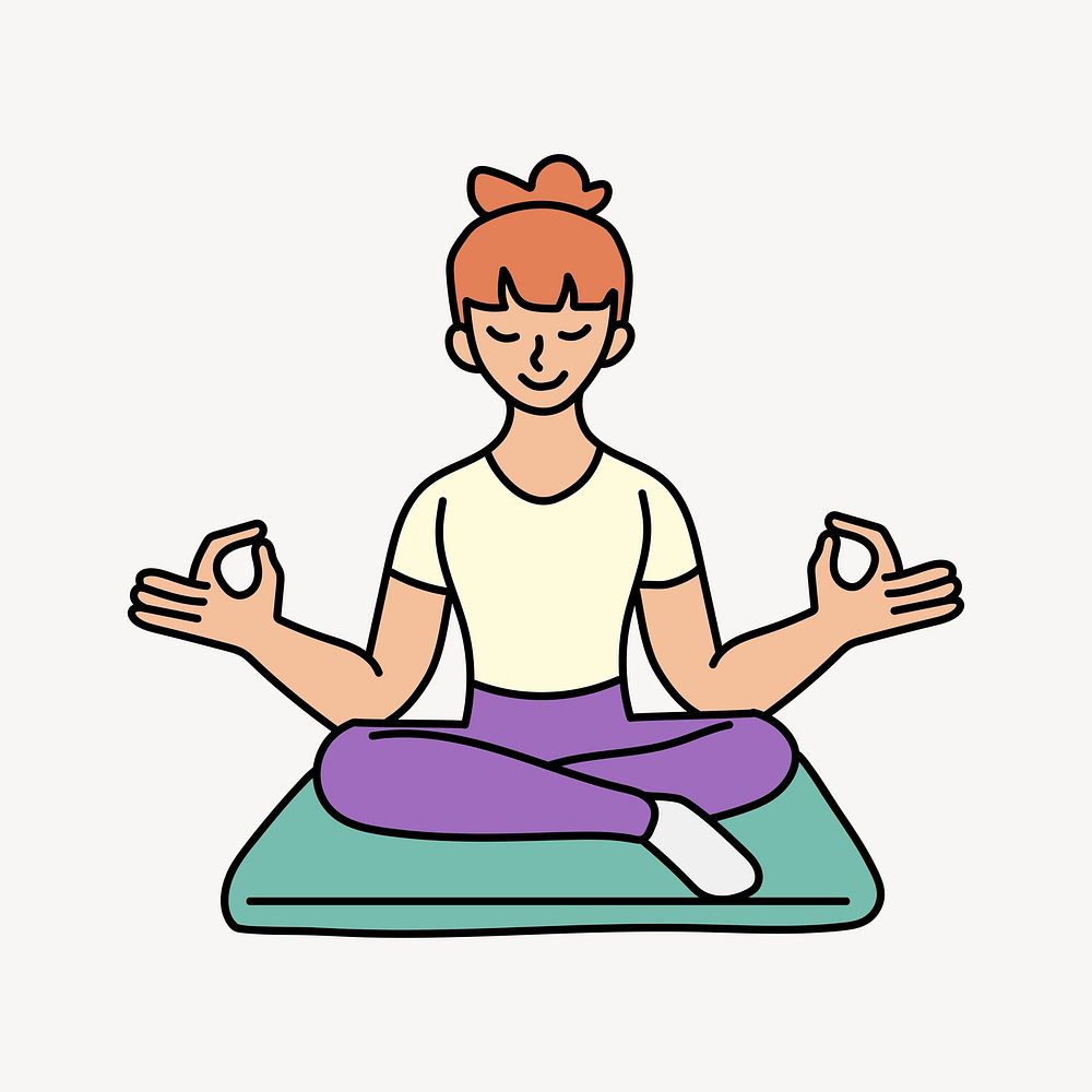 Woman meditating seated doodle collage element vector