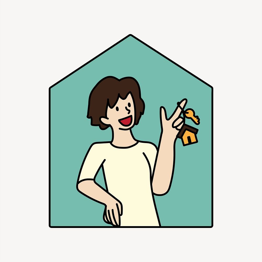 Woman with new house key doodle collage element vector