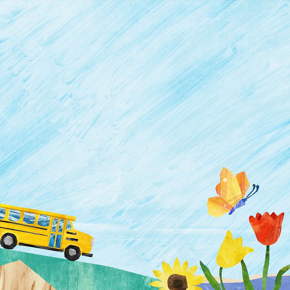 School bus landscape background, cute paper craft design