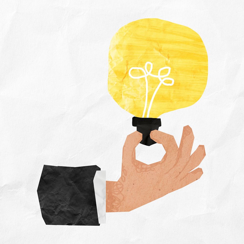 Hand holding bulb, creative business idea paper craft collage