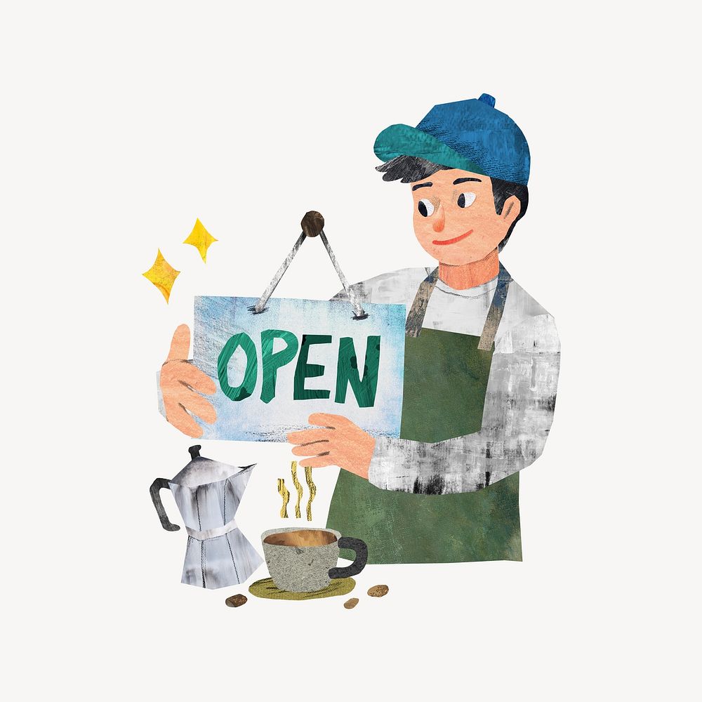 Barista opening cafe, paper craft element