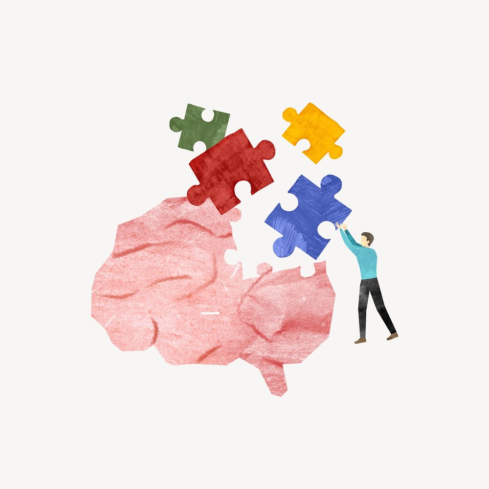 Man holding puzzle, creative paper craft collage