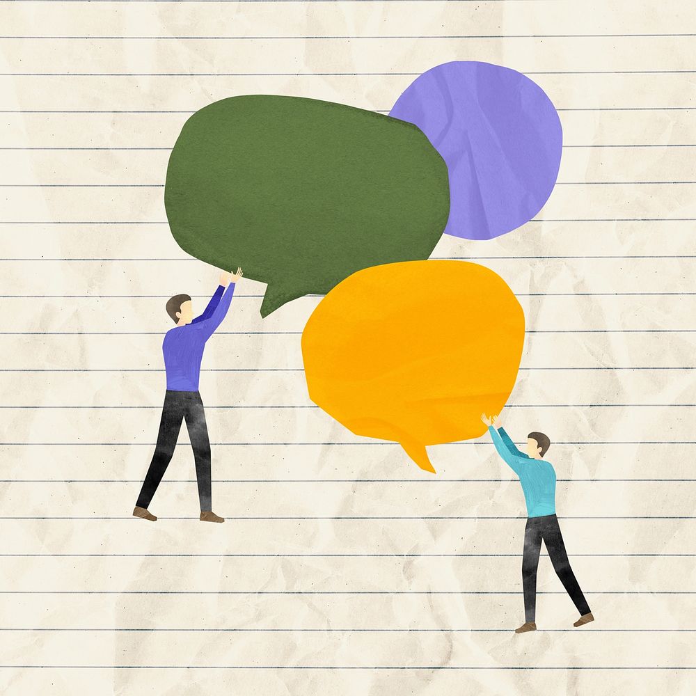 People holding speech bubbles, communication paper craft collage