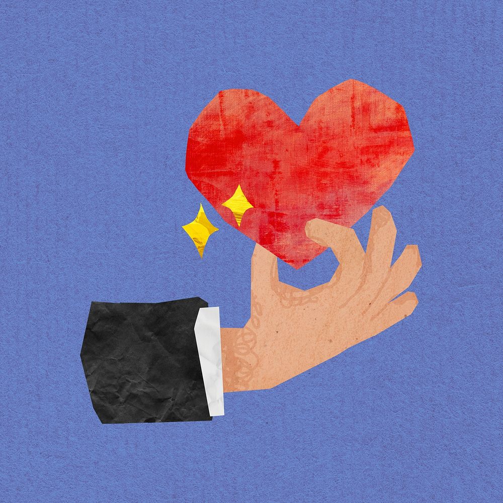 Hand holding heart, love paper craft element