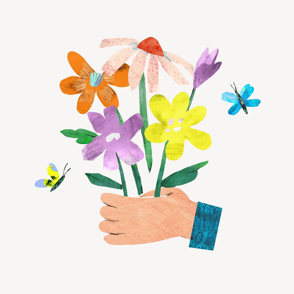 Hand holding flowers, paper craft element