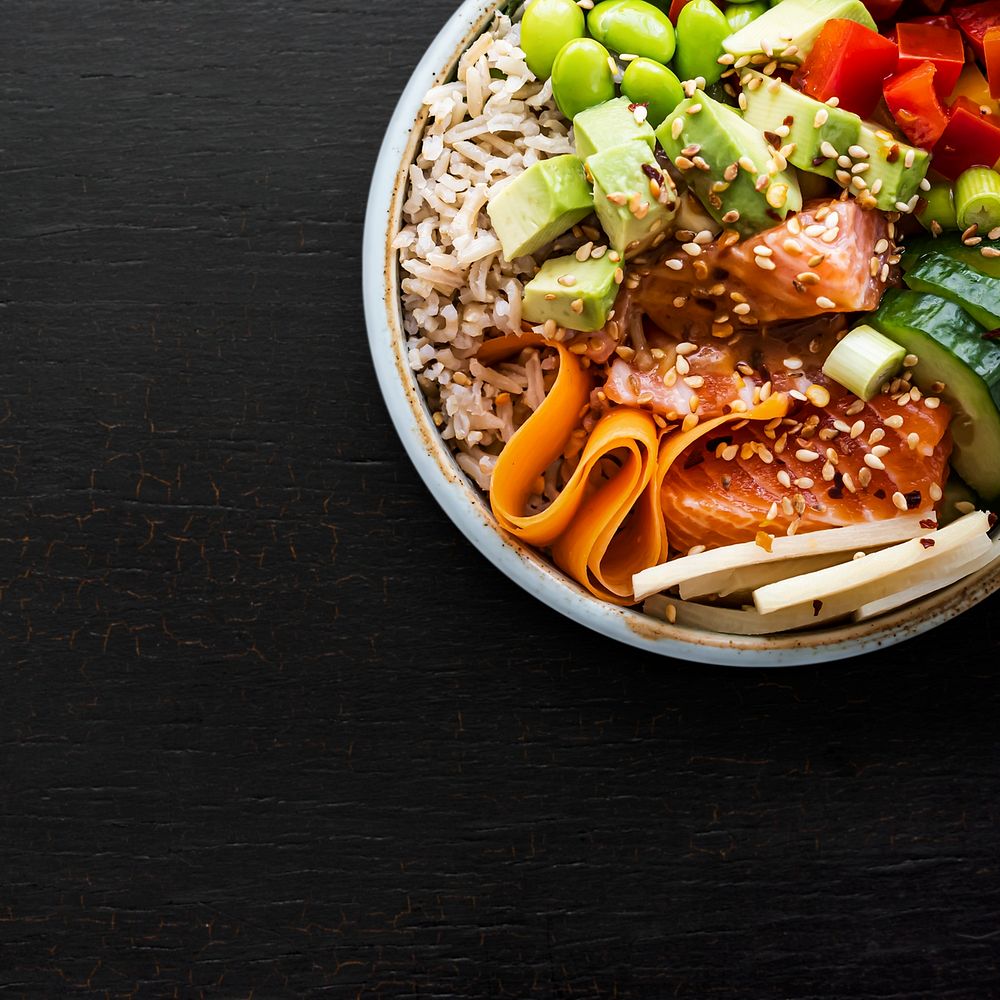 Salmon poke bowl background, healthy food image