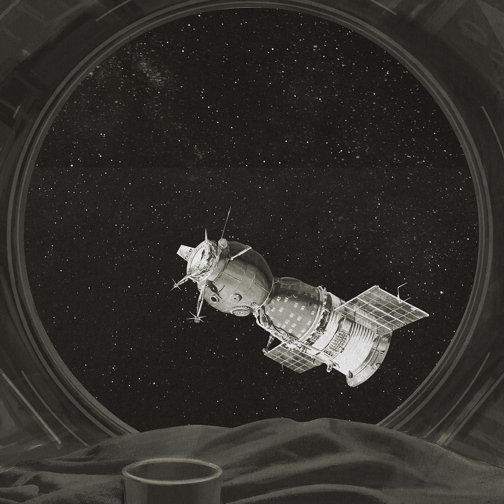 Space satellite aesthetic background, spaceship window view