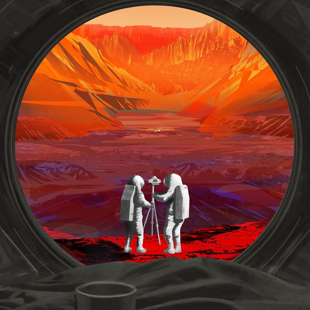 Astronauts taking picture background, mars landscape