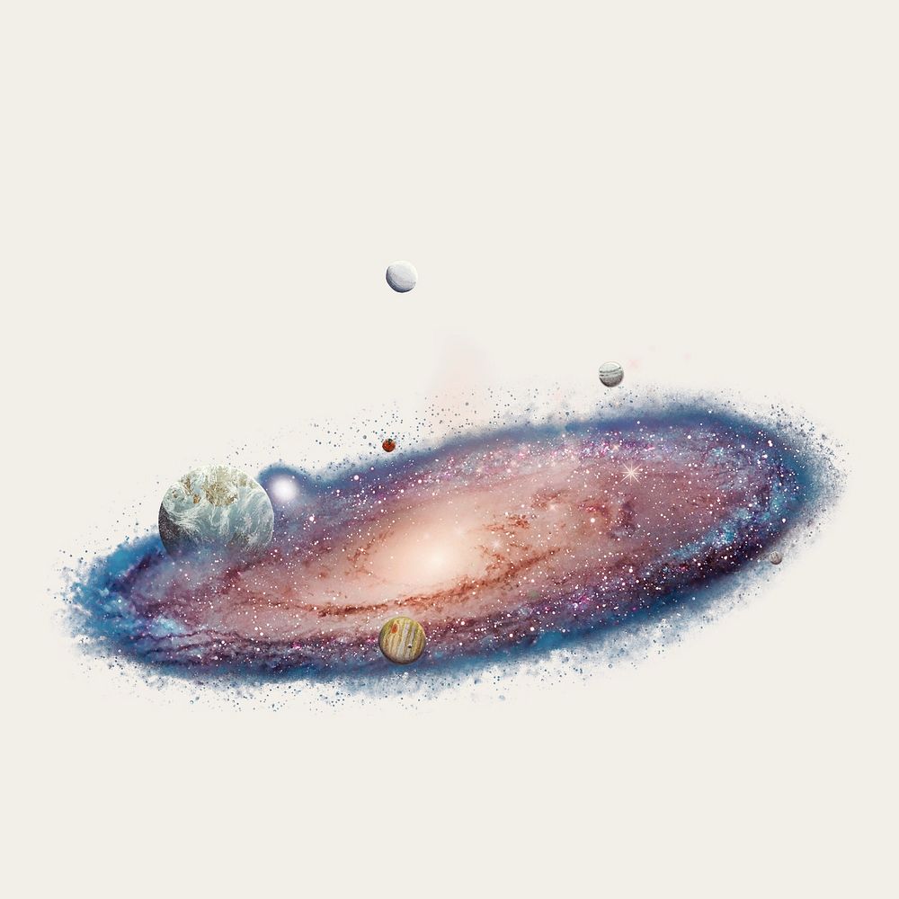 Spiral nebula, floating planets galaxy collage element psd