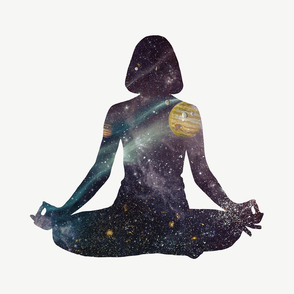 Meditating woman, galaxy silhouette remix psd