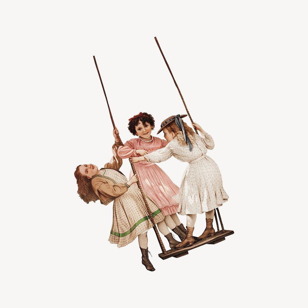 Little girls playing swing, vintage illustration
