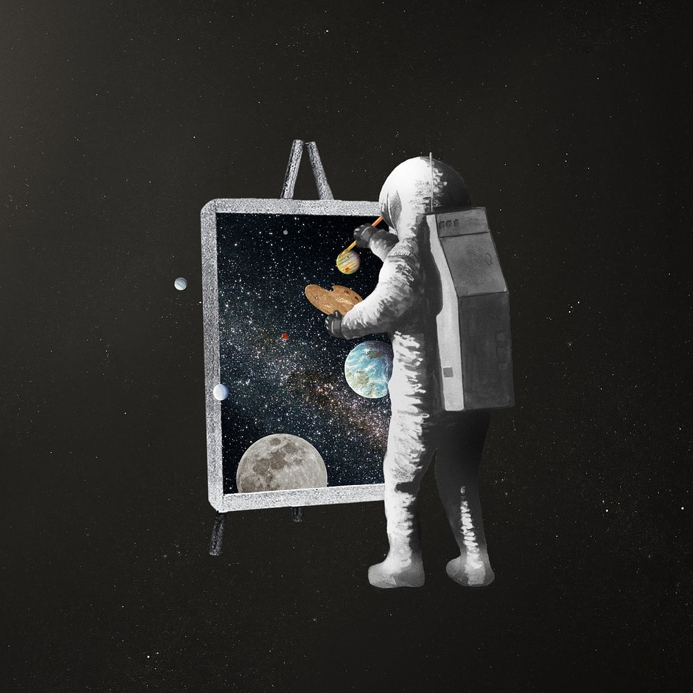 Astronaut painting canvas, surreal galaxy remix