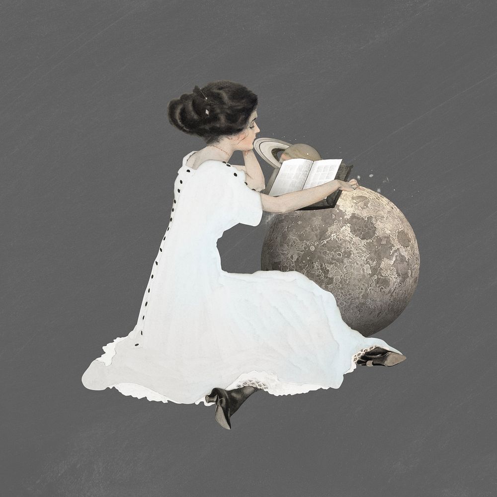 Girl reading on moon, surreal education remix