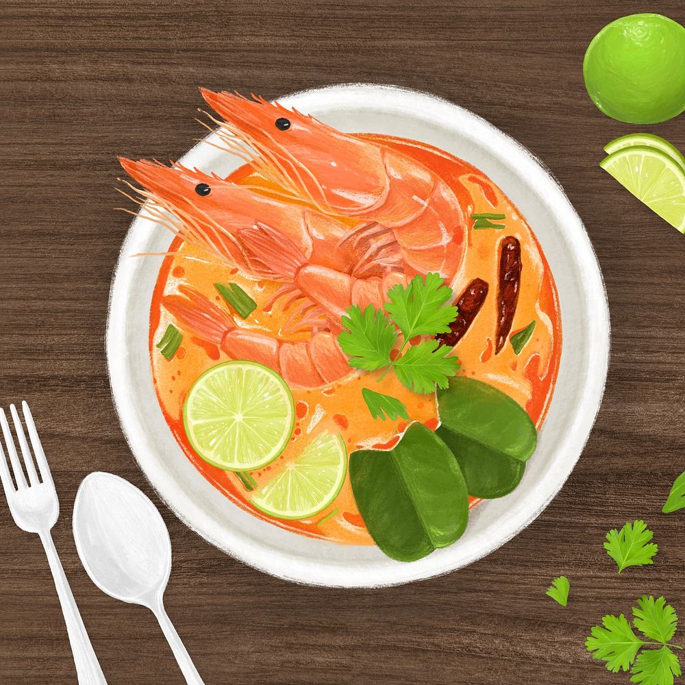 Tom Yum shrimp soup, Thai food illustration