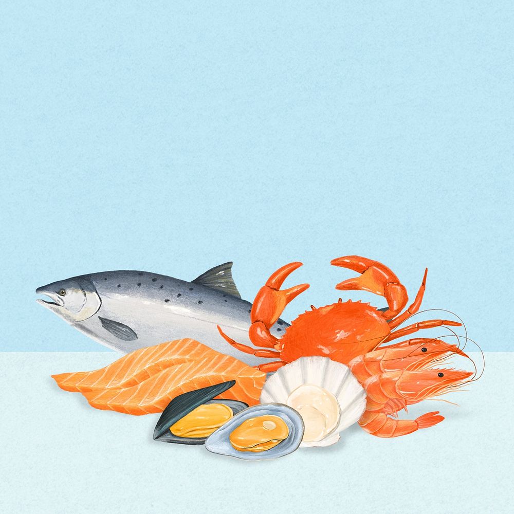 Seafood background, fish, crab digital paint