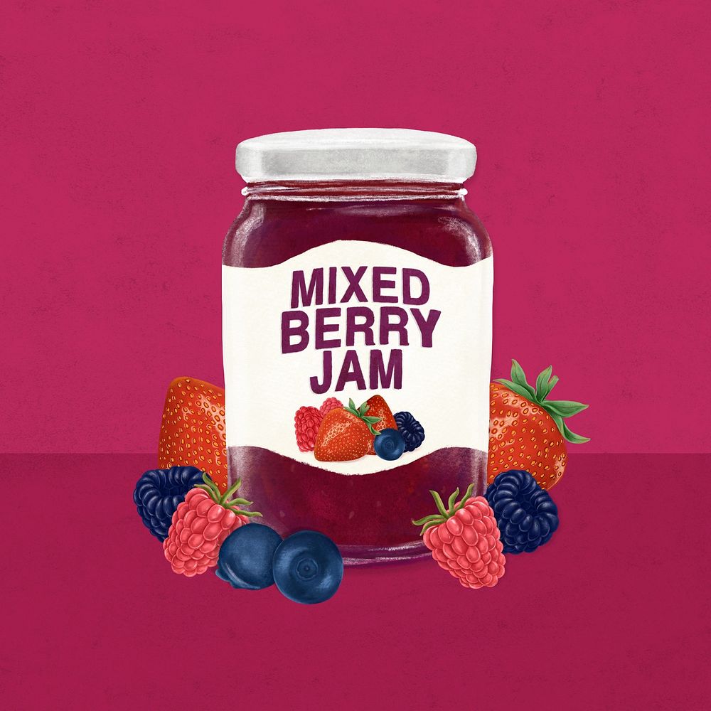 Mixed berry jam jar, bread spread illustration