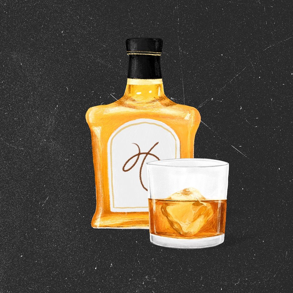 Whiskey drink, bottle & glass, alcoholic beverage illustration