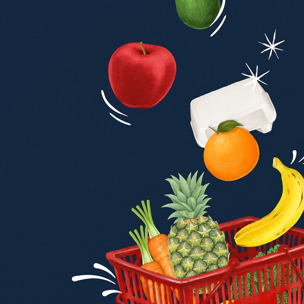 Grocery shopping basket background, healthy food illustration