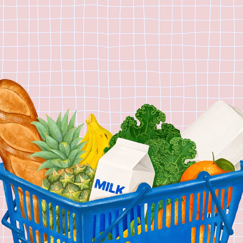 Grocery shopping basket background, vegetables food illustration
