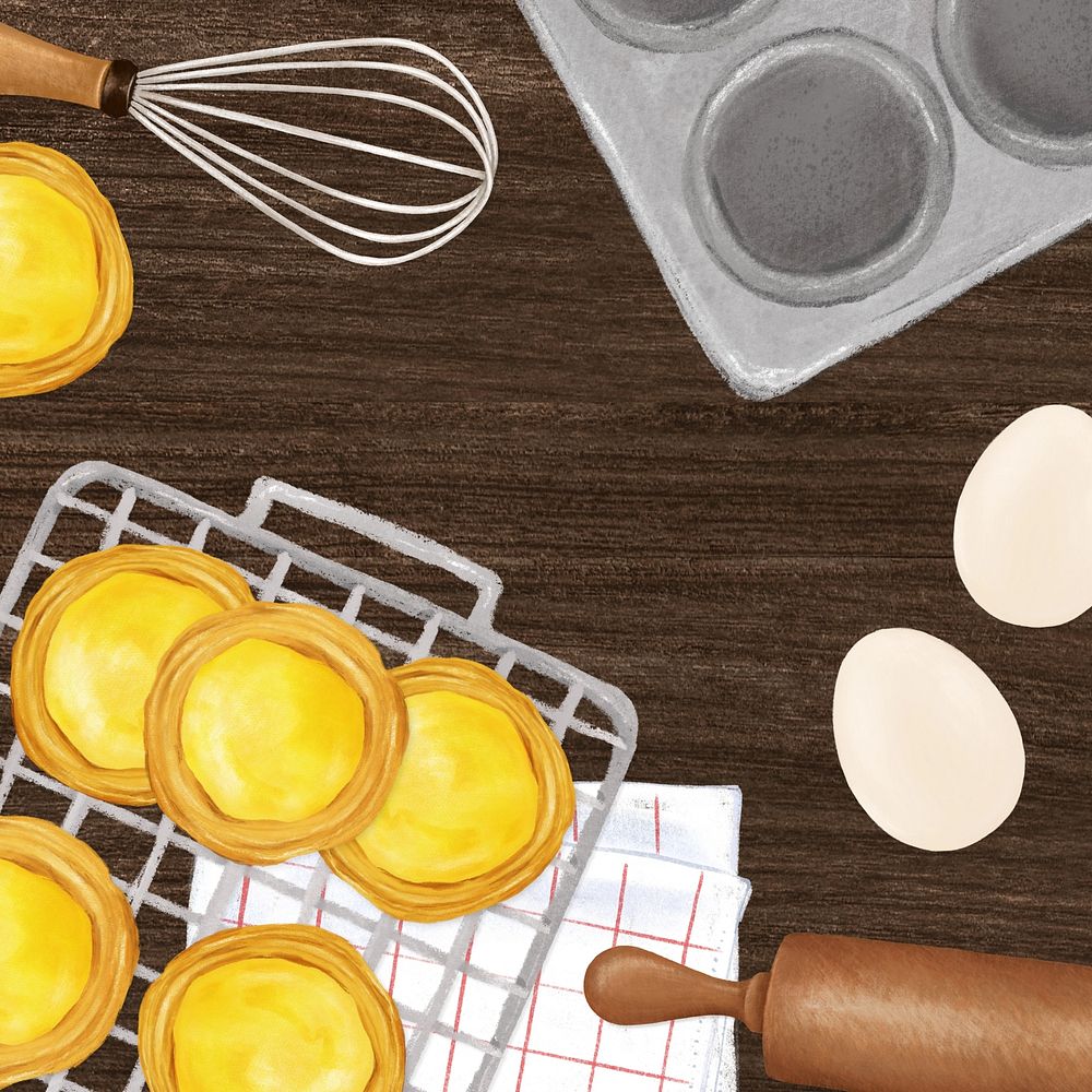 Homemade egg tarts background, baking illustration