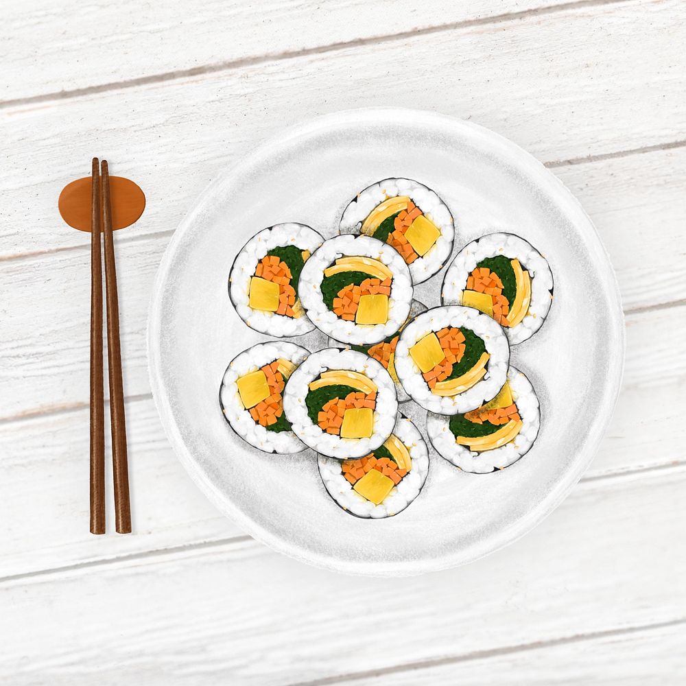 Korean Kimbap roll background, Asian food illustration