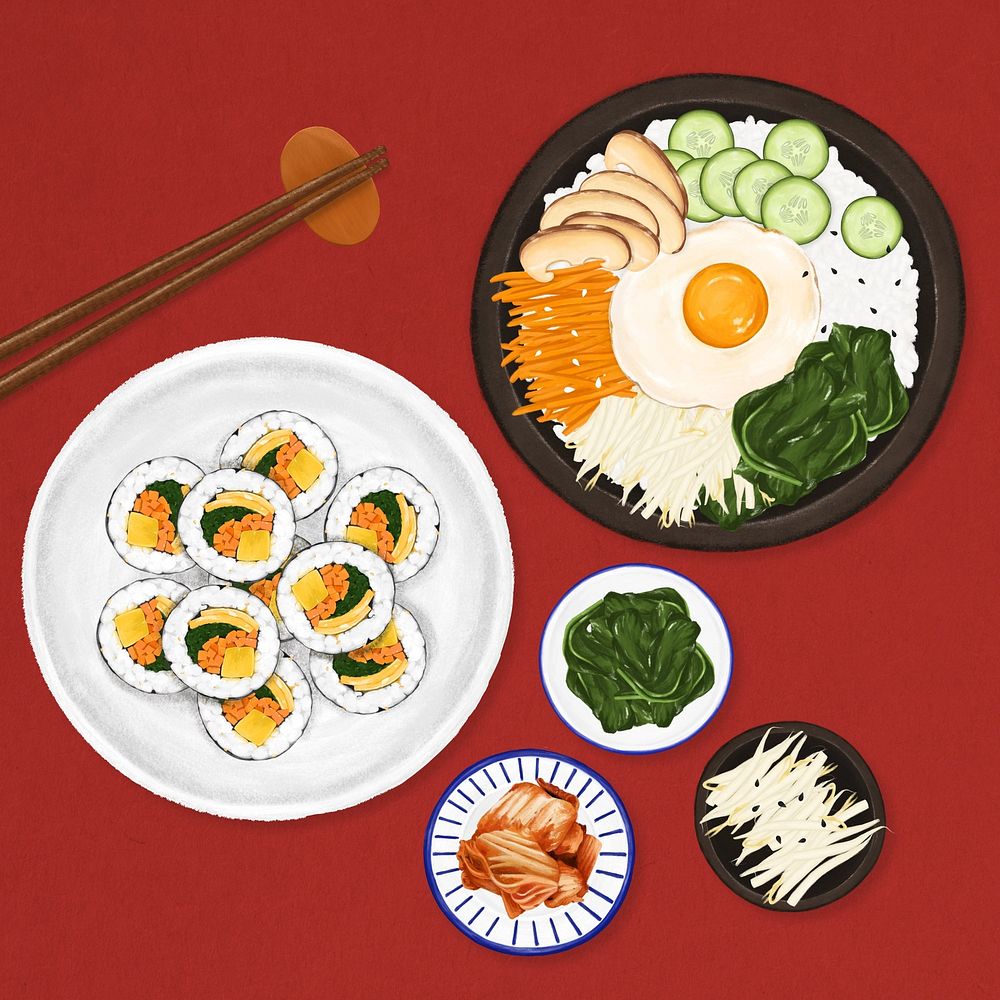Kimbap, Bibimbap & Kimchi, Korean food illustration