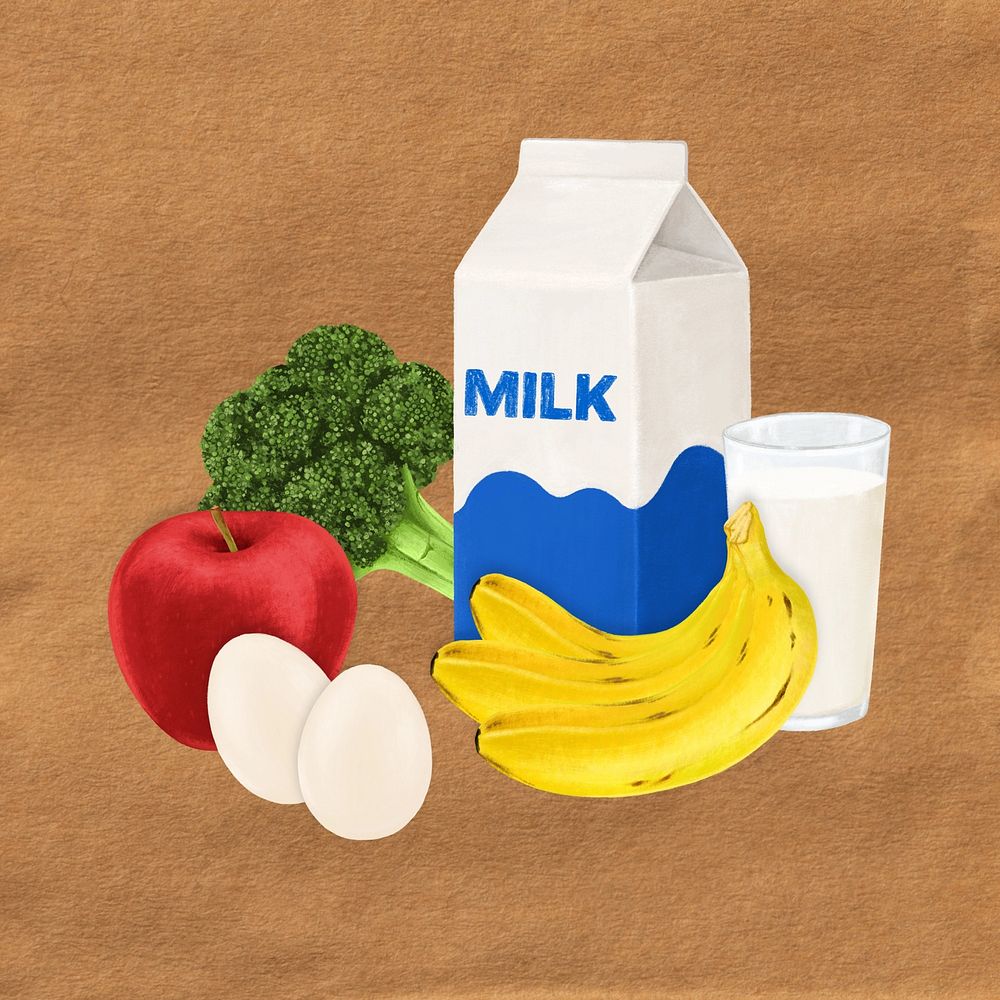 Milk, fruits & vegetable, food illustration