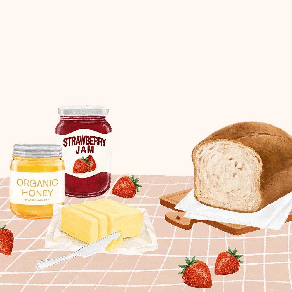Breakfast toast aesthetic background, food illustration