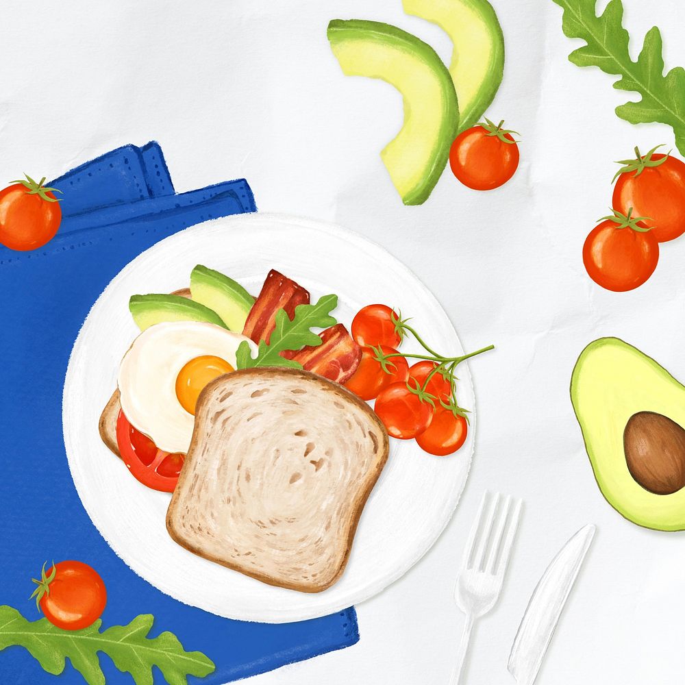 Avocado toast breakfast background, food illustration