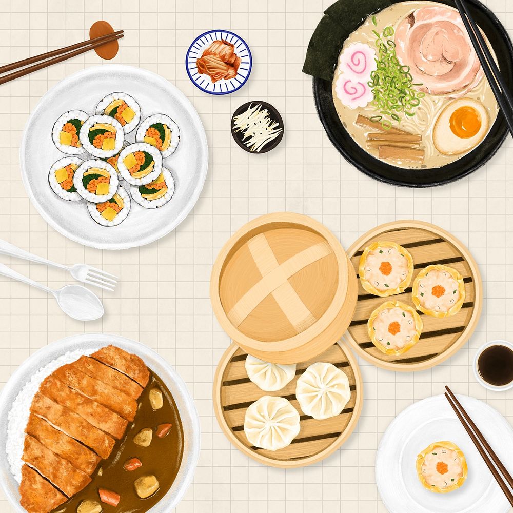 Asian cuisine background, food illustration