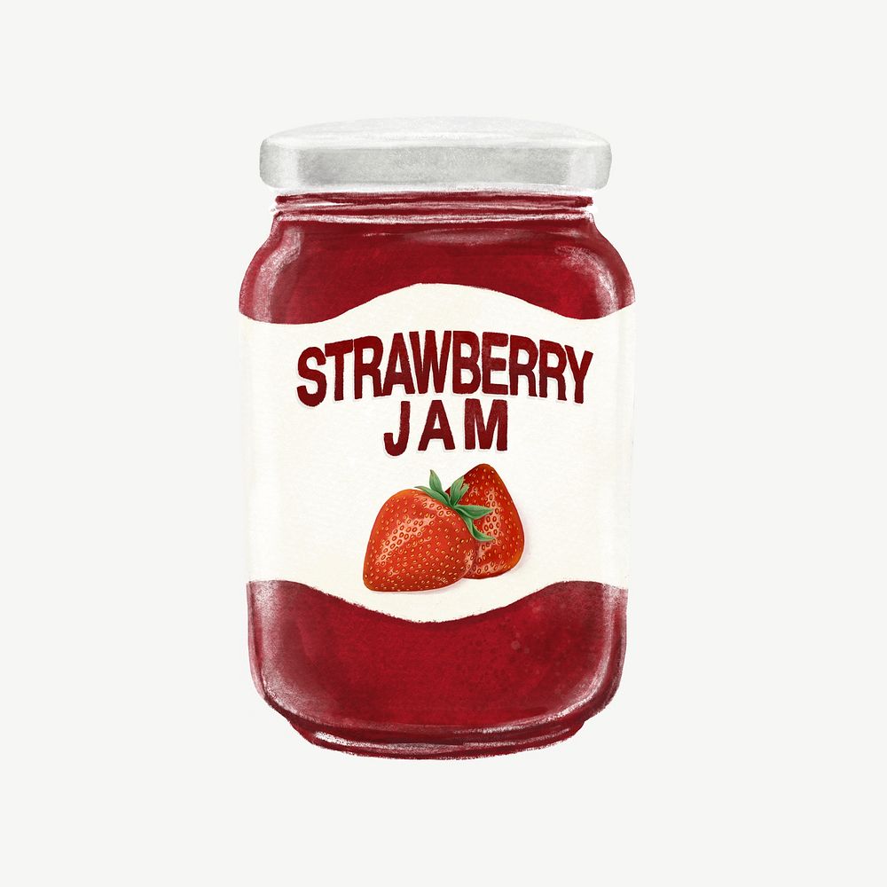 Strawberry jam jar, bread spread collage element psd