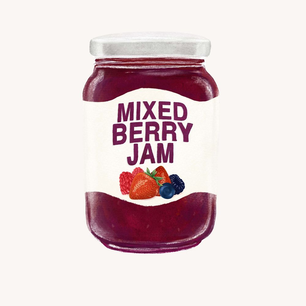 Mixed berry jam jar, bread spread illustration