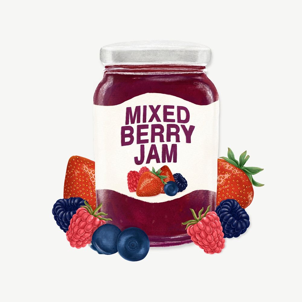 Mixed berry jam jar, bread spread collage element psd