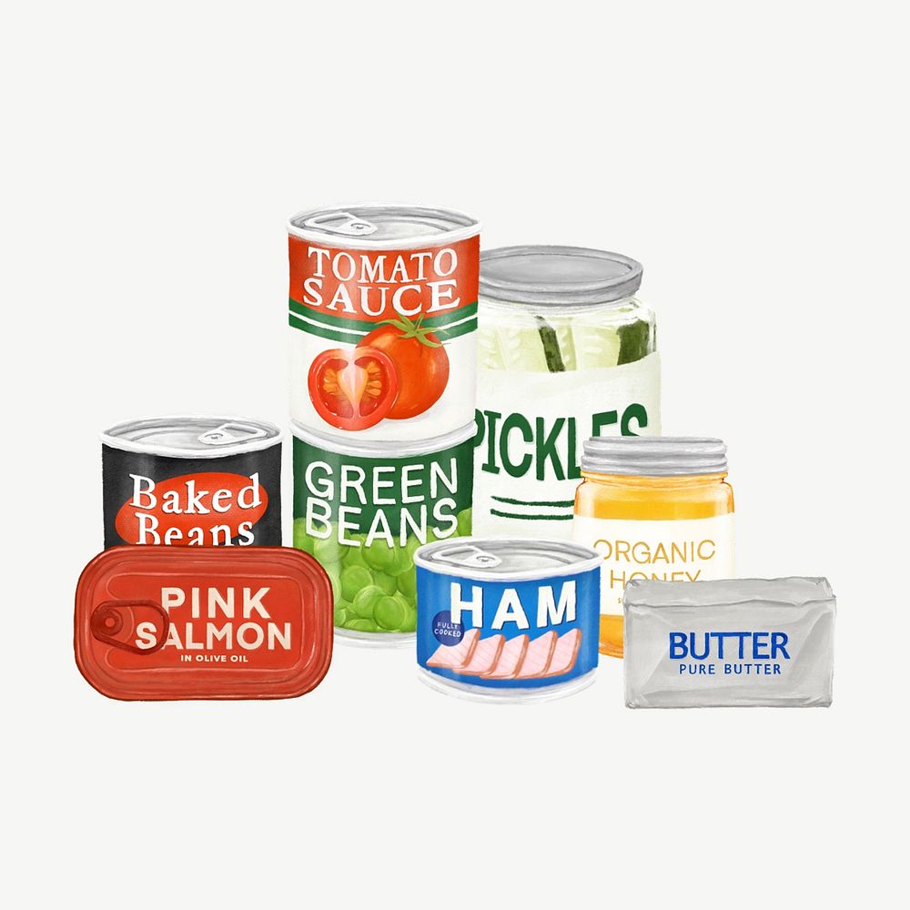 Canned food, pickles, ham, sardine illustration psd