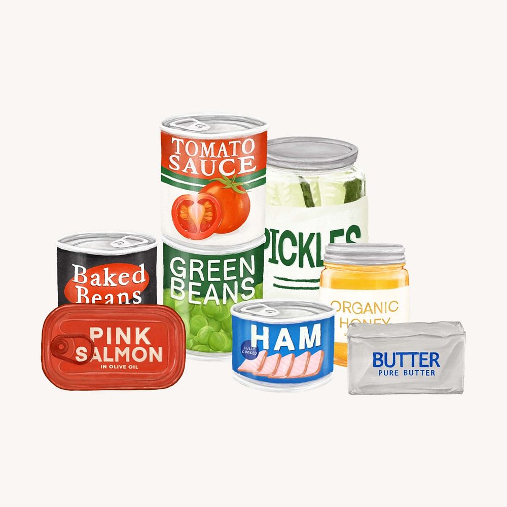 Canned food, pickles, ham, sardine illustration