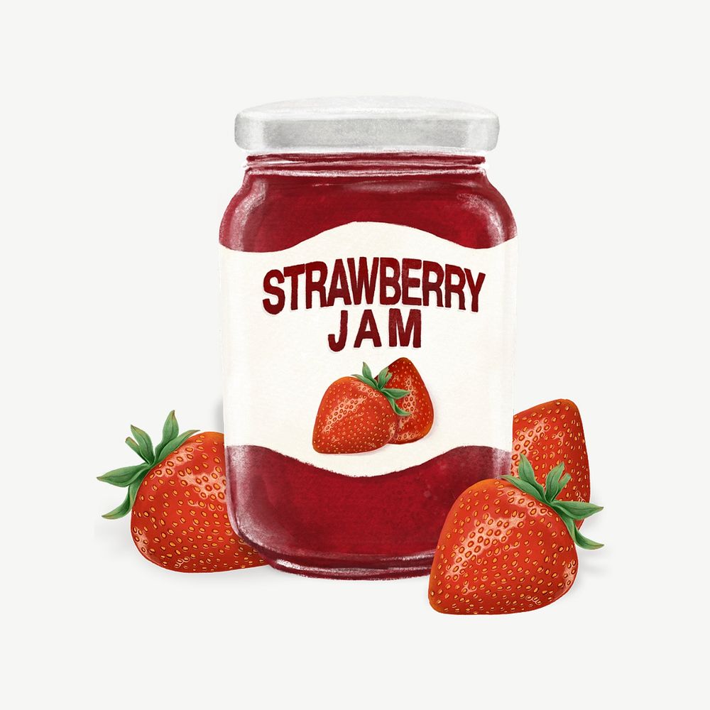 Strawberry jam jar, bread spread collage element psd