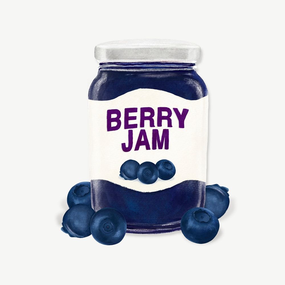 Blueberry jam jar, bread spread collage element psd