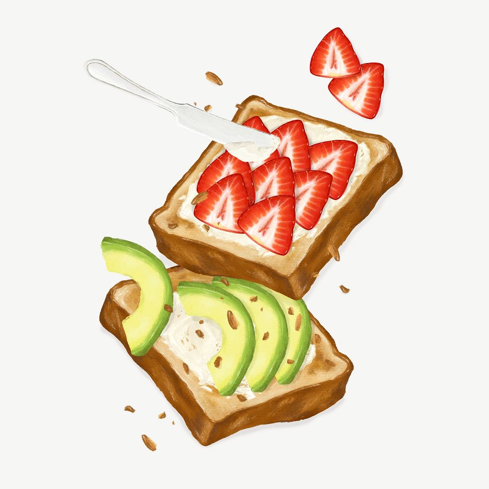 Avocado & strawberry toast, breakfast food collage element psd
