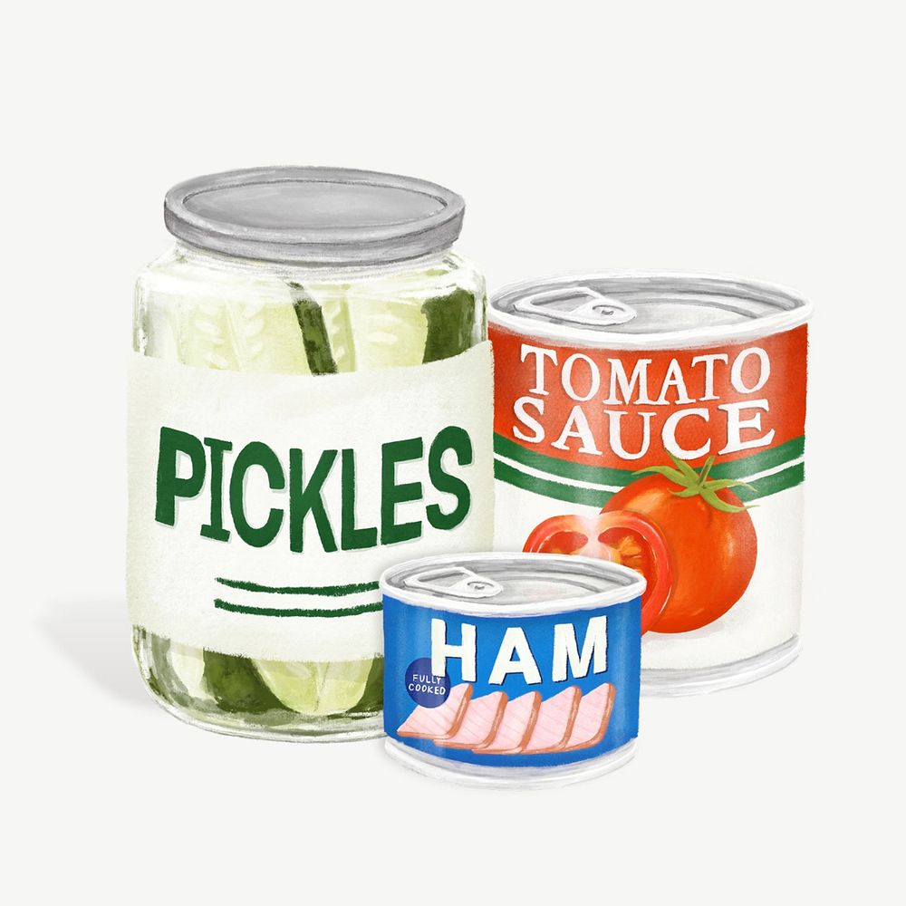 Canned food, pickles, ham, tomato sauce illustration psd