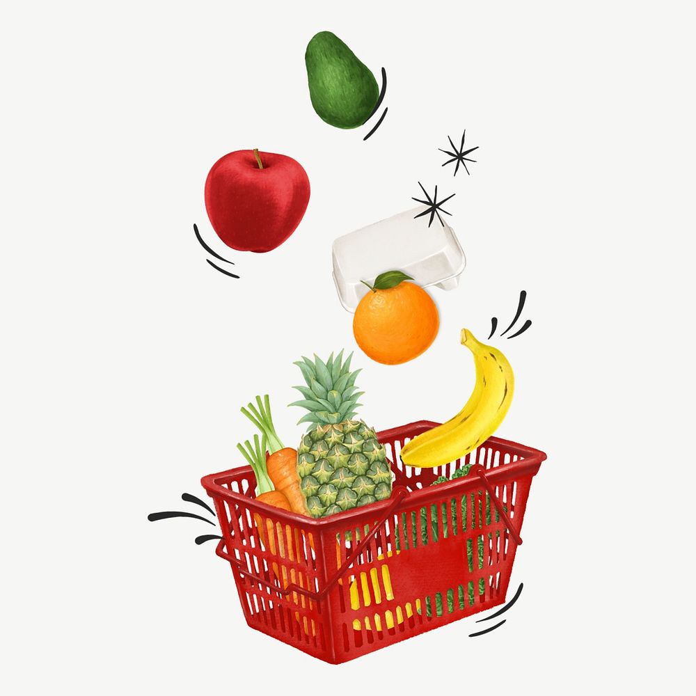 Food grocery shopping, basket collage element psd