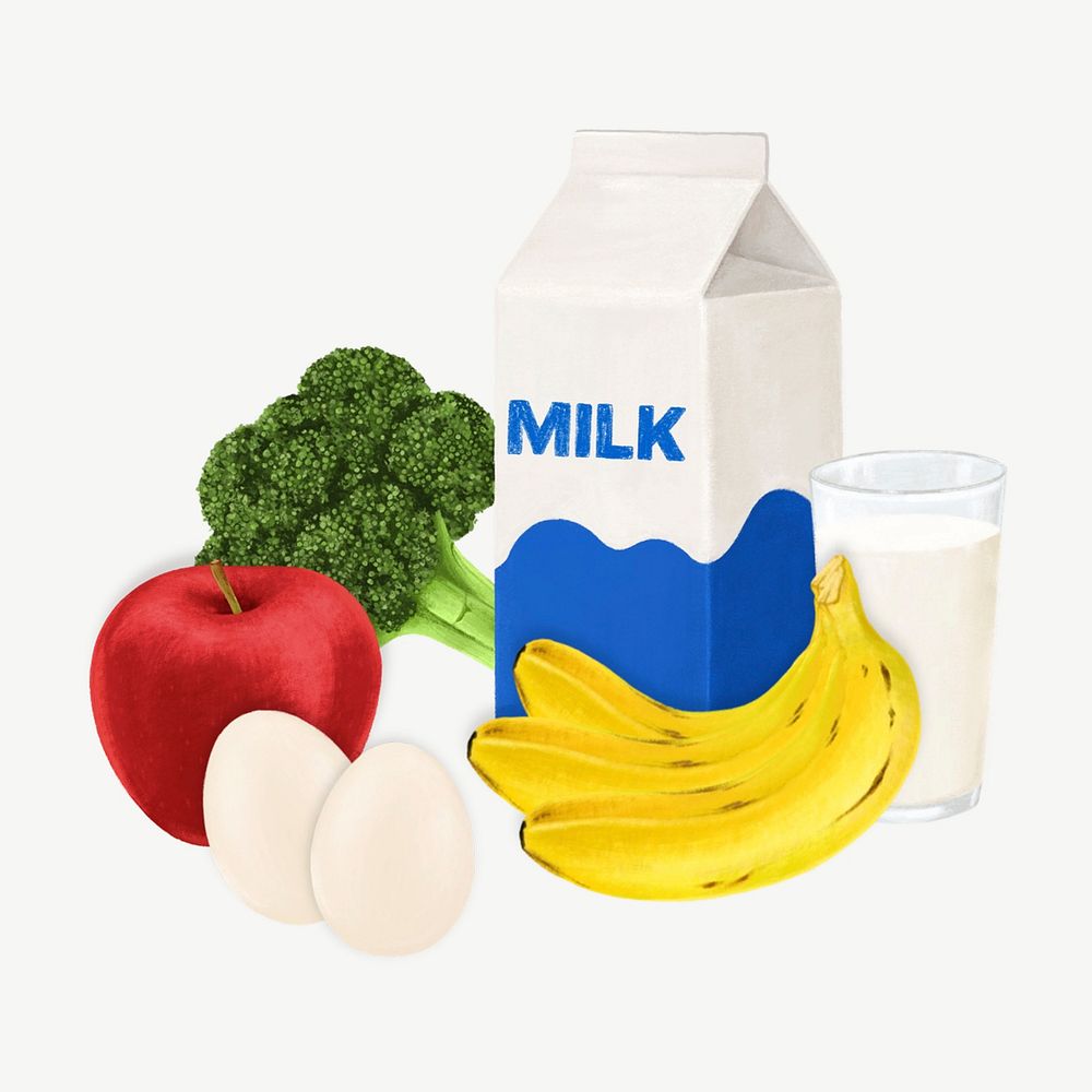 Milk, fruits & vegetable, food collage element psd
