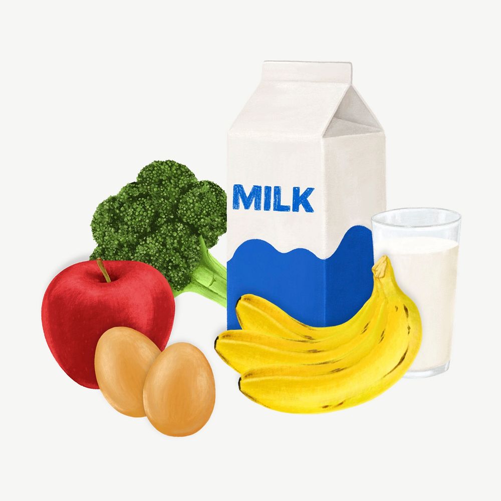 Milk, fruits & vegetable, food collage element psd