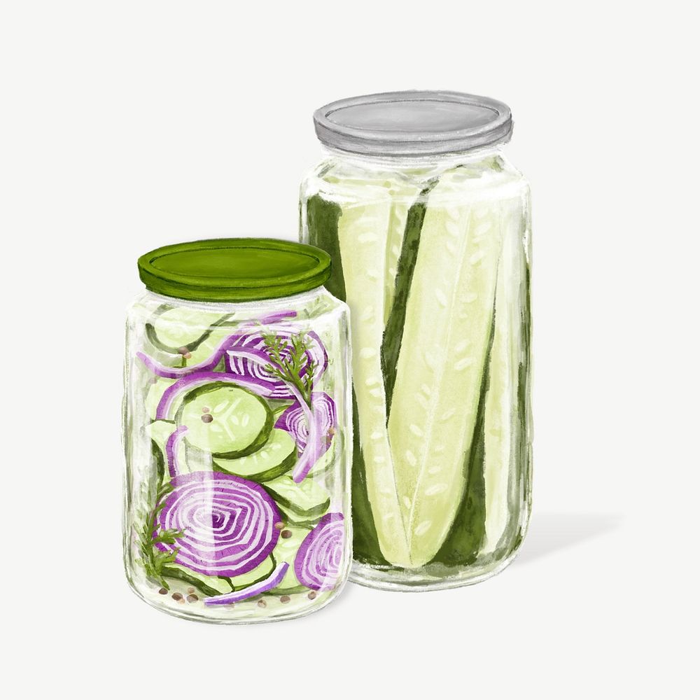 Jar of pickles & onions, vegetable food illustration psd