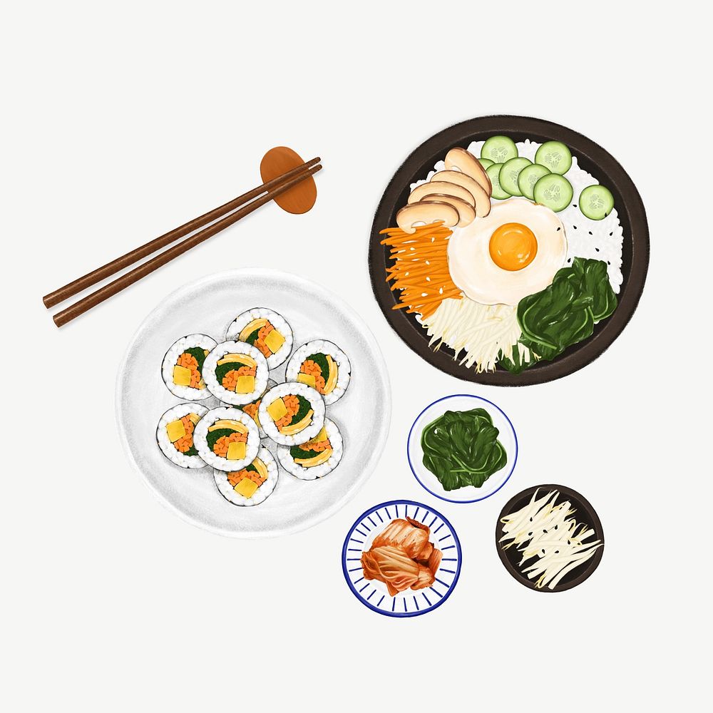 Kimbap, Bibimbap & Kimchi, Korean food collage element  psd