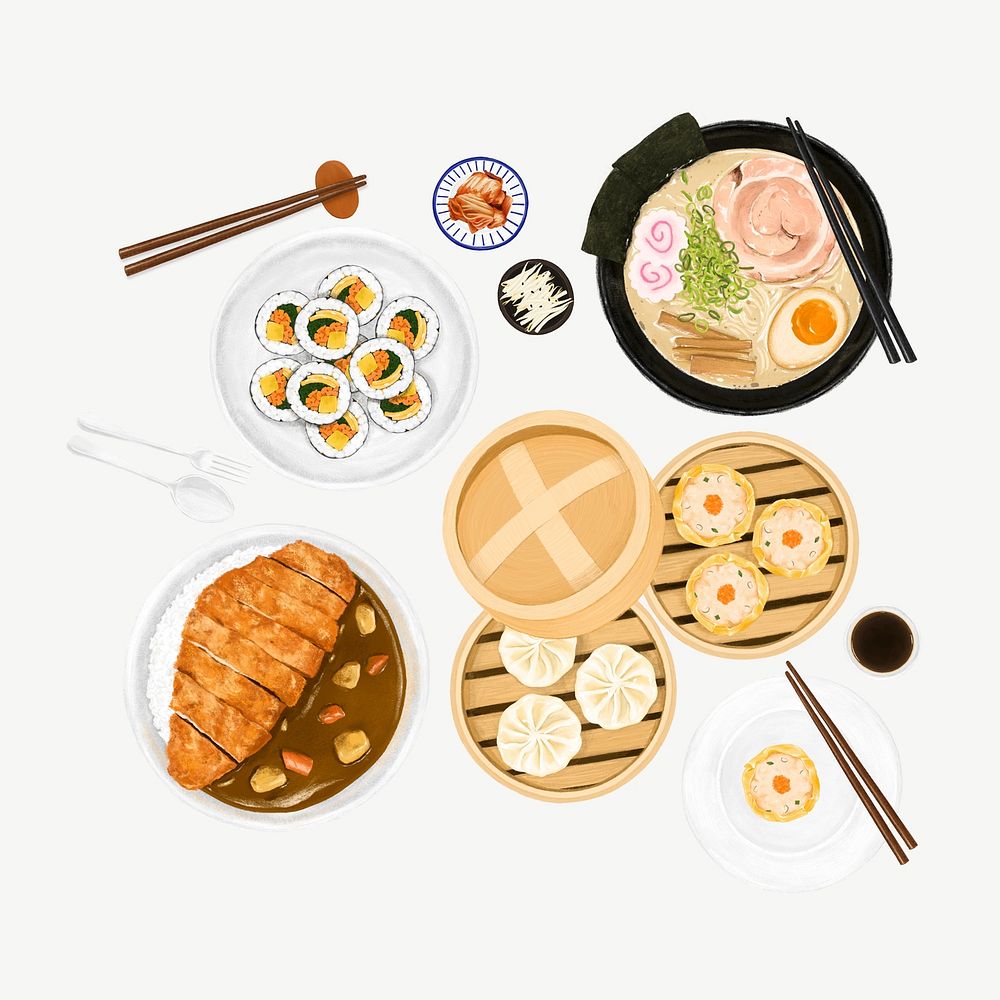 Delicious Asian food, Kimbap, ramen & dim sum collage element  psd