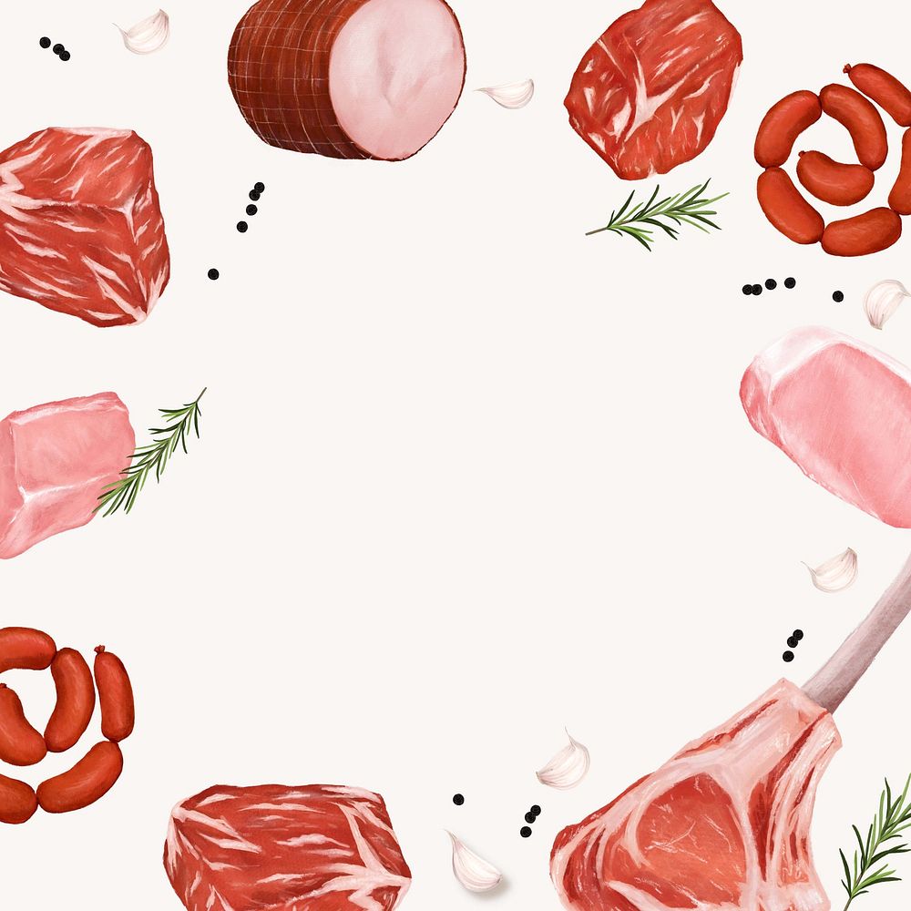 Butchery meat frame background, food illustration psd