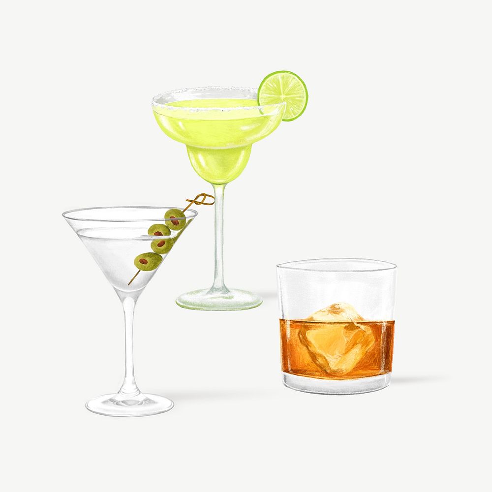 Whiskey, cocktails, alcoholic beverage collage element psd 