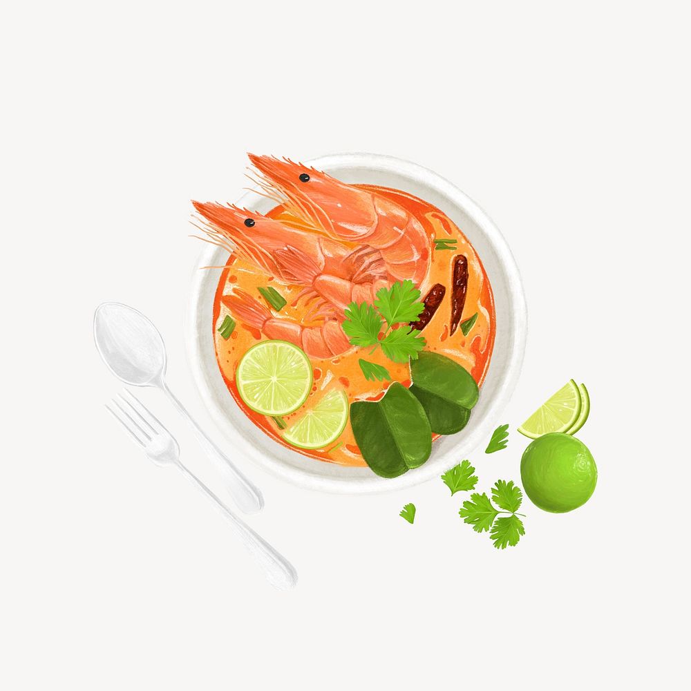 Tom Yum shrimp soup, Thai food illustration