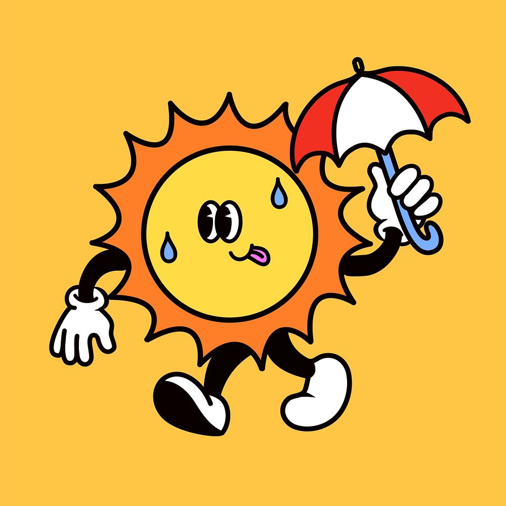 Sun holding umbrella, weather cartoon character illustration